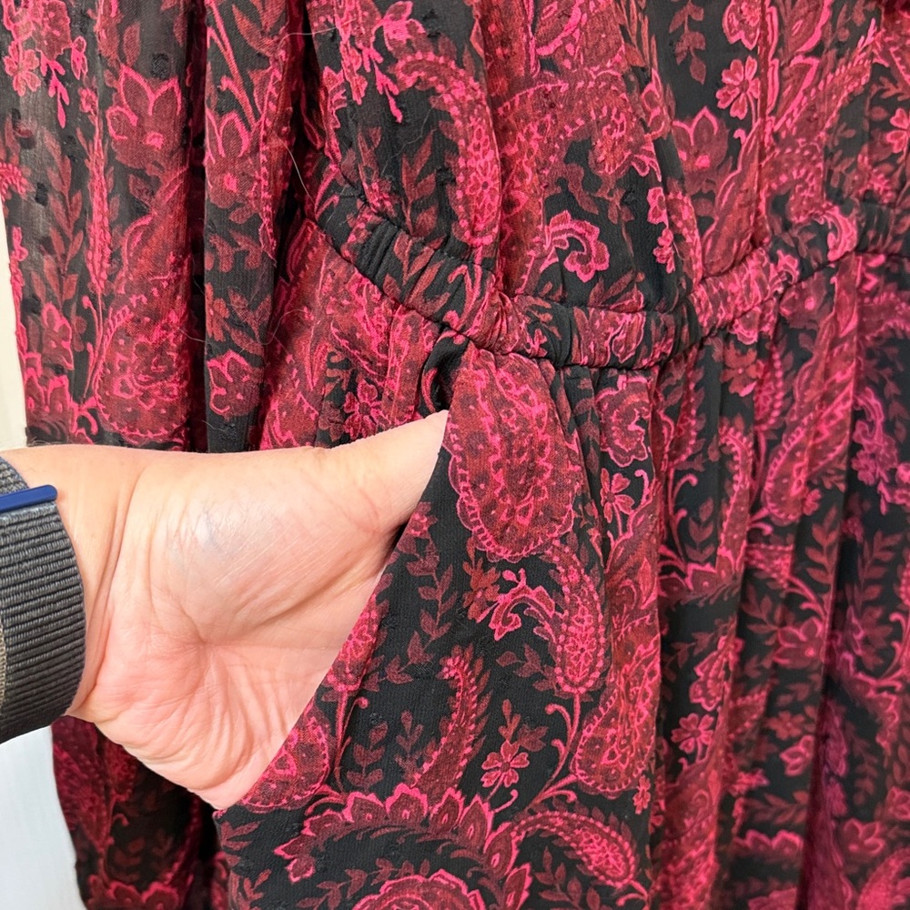 torrid Burgundy and Black Paisley Open Back Long Sleeve Tea Length Aline Dress - Picture 7 of 7